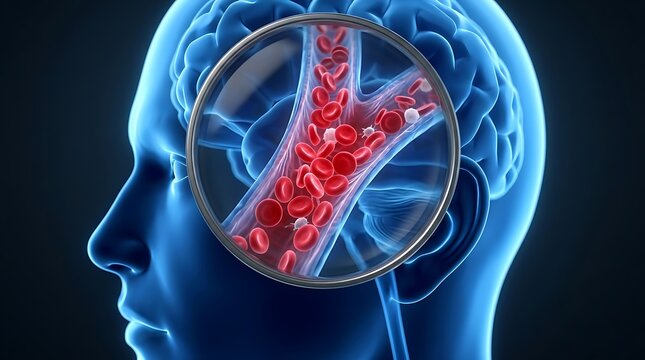 Magnified view of blood cell in brain artery