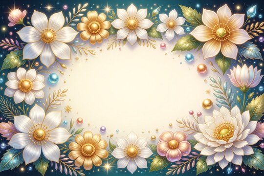 Luxurious floral frame with glowing white and gold flowers against a dark turquoise background, perfect for festive invitations.