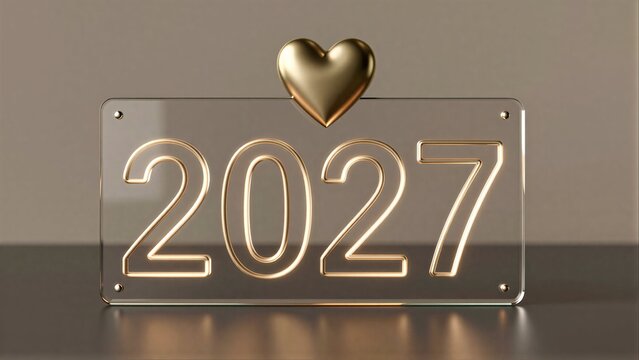 Golden 2027 neon sign with a heart above, symbolizing love and new beginnings.