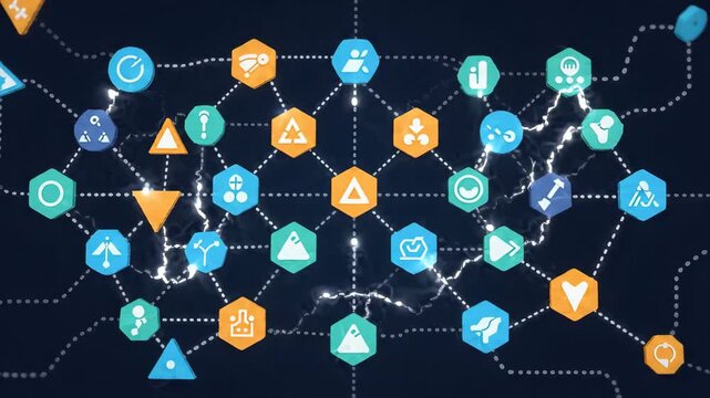 Colorful geometric icons representing data points are interconnected by dotted lines forming complex digital network structure against dark blue background to symbolize modern communication system