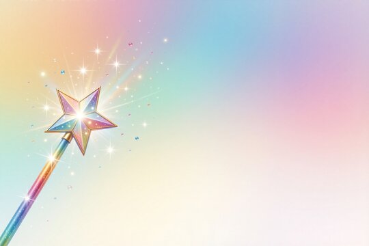 Magical wand illustration with a sparkling star design set against a soft, vibrant pastel gradient background, evoking success and celebration.