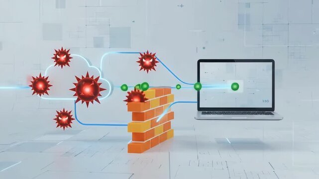 Digital illustration of computer virus infecting cloud storage transmitting malware data packets to laptop computer on bright abstract white background representing network security threats