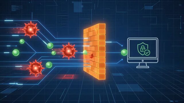 digital firewall blocks malicious cyber viruses from reaching computer on blue grid background representing network protection and data security concepts in modern technological environment