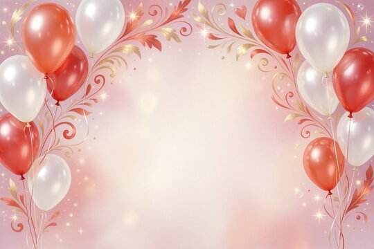 Festive border illustration with balloons and elegant floral swirls on a soft pink background, perfect for celebrations.