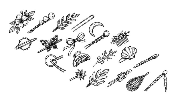 Decorative Hairpins and Hair Clips &ndash; Hand Drawn Beauty Accessories Vector Collection