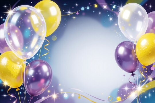 Vibrant party illustration featuring a cluster of colorful balloons with shimmering lights against a dark blue, starry background, leaving a clean central space.