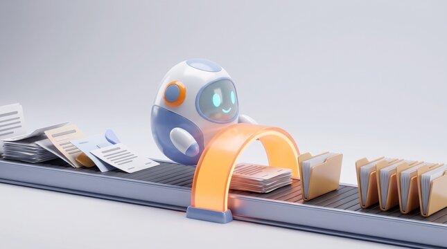 3d ai robot scanning papers on conveyor belt and filing them into folders document automation