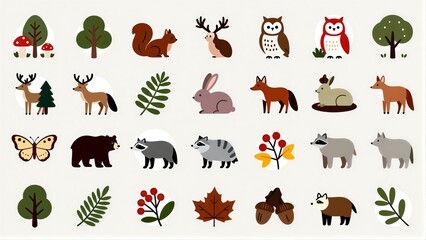 Obraz premium Forest animals and plants in a cute, illustrated style.