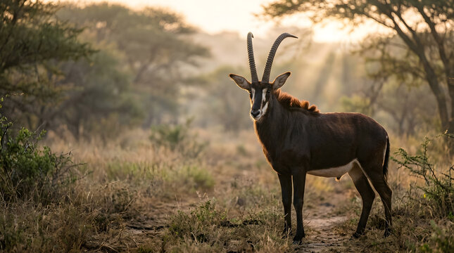 Majestic sable antelope standing in serene African savannah at sunrise