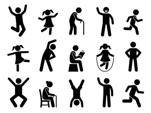 Set of human stick figure icons performing various daily activities