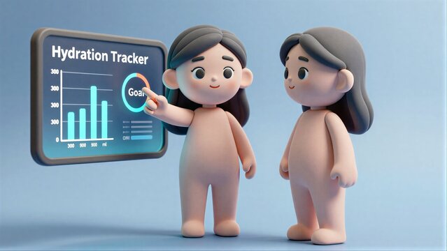 A cartoon girl points at a hydration tracker screen displaying water intake data.