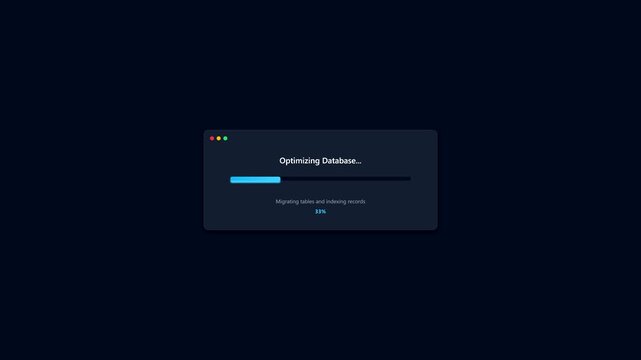 Database optimization progress bar loading on dark screen