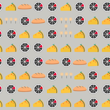 Seamless pattern of cheese, bread, and fruit slices
