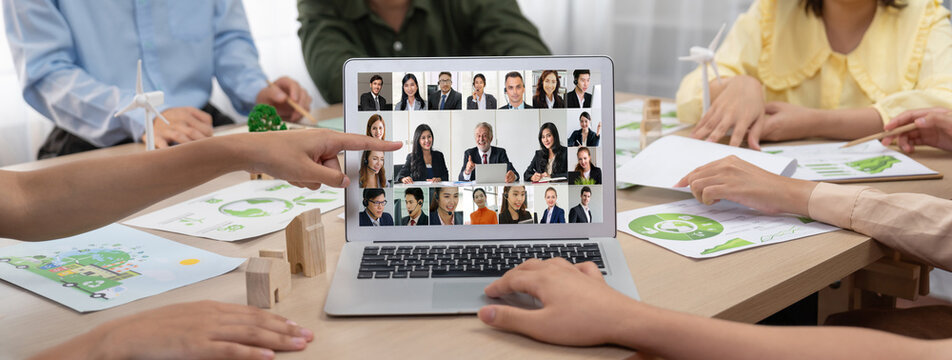 Business people on video conference for brisk virtual group meeting of corprate business office workers