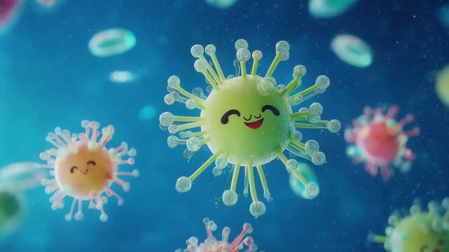 Colorful cartoon lab experiment with bubbling beakers and playful 3D germ character reacting to small safe cartoon explosion