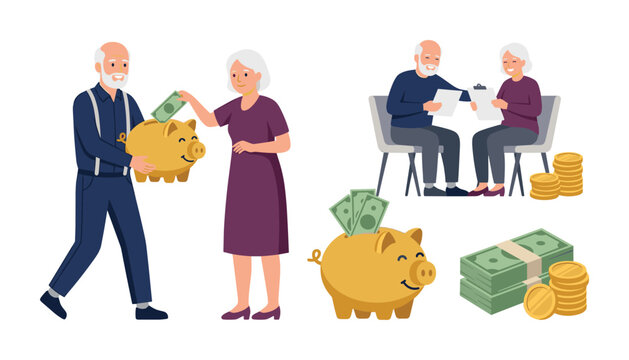 Senior Elderly Couple Saving Money with Piggy Bank Stacks of Cash and Coins Reviewing Financial Documents for Retirement Planning Investment Pension and Future Security