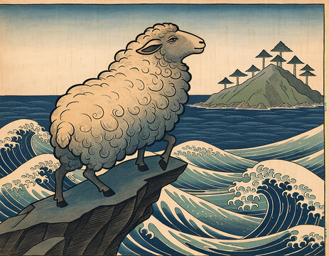 Ukiyo-e Style Sheep on a Rock Generative AI