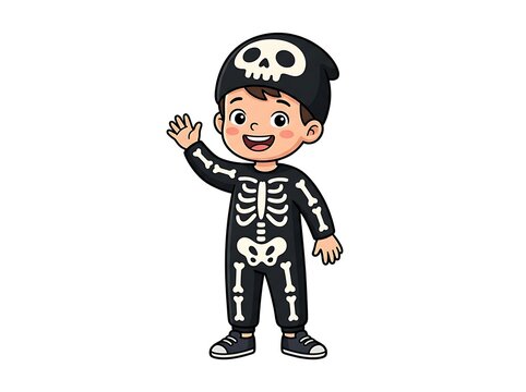 Simple cute Halloween kids costume vector illustration, happy child wearing an adorable skeleton costume, black outfit with white bone patterns, cheerful face, clean bold outlines, 