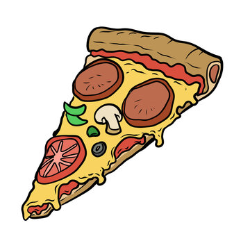 Cute cartoon pizza slice with melting cheese pepperoni mushroom tomato and olive topping fast food illustration isolated on transparent background
