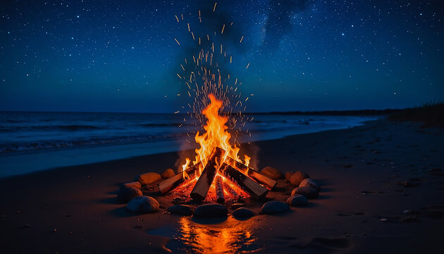 Campfire on the Beach Under Starry Sky Generative AI