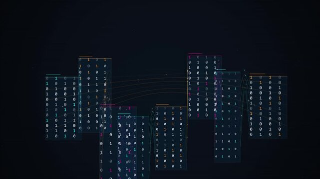 Abstract digital city blocks with glowing data patterns and connecting lines in dark digital space, data transfer, technology, network concept