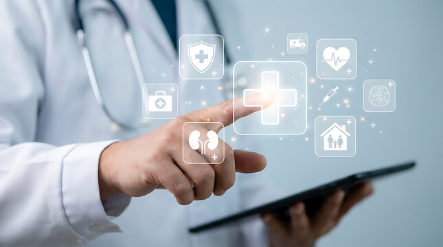 Doctor In White Coat Touching Glowing Holographic Medical Cross With Floating Healthcare Icons And Holding Tablet Digital Health