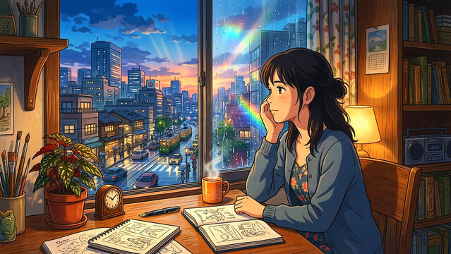 Young woman drawing in a sketchbook by a rainy window overlooking a city
