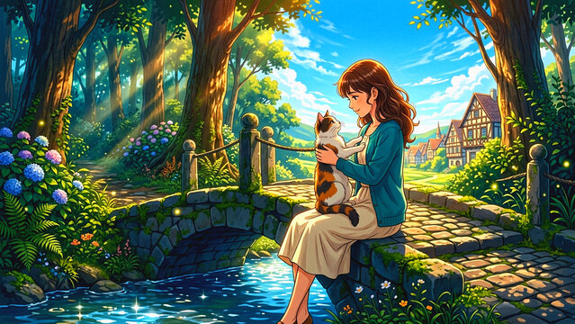 Young woman holding a calico cat on a stone bridge in a sunny forest village