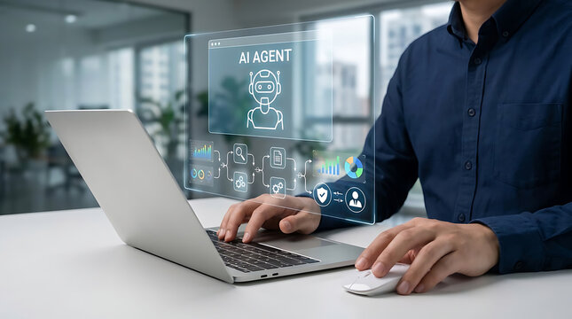 Businessman Using Laptop With AI Agent Holographic Interface Showing Automated Workflow And Data Analysis