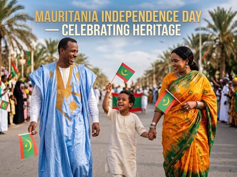 Mauritanian family walking outdoors holding national flags during an independence day celebration with palm trees in the background under a clear blue sky