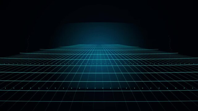 Abstract digital grid of blue glowing dots and lines receding into darkness, futuristic technology concept, data flow visualization