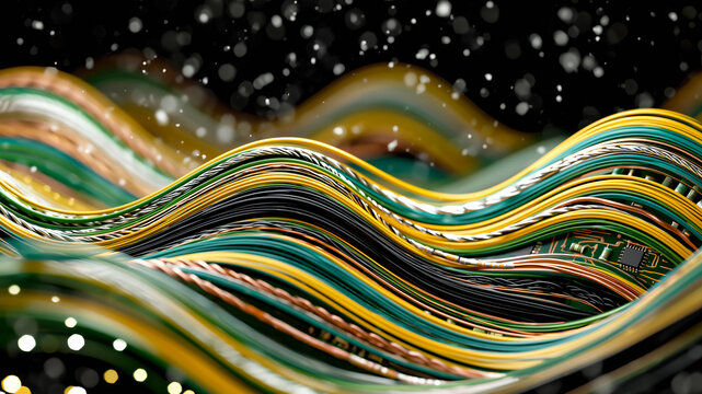 Digital Waves of Information: Abstract waves of colorful, textured lines undulate and flow, with subtle glowing particles scattered throughout the dark background.