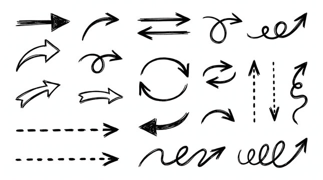 Hand drawn black sketches arrows various shapes styles distinct simple icons. Suitable for presentations, infographics, web design, and printed materials.