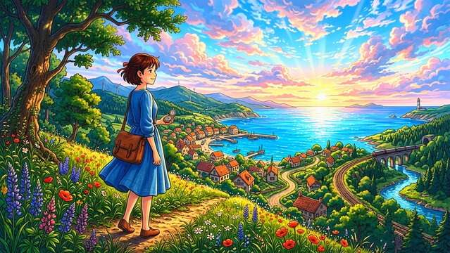 Anime girl in blue dress standing on a hill overlooking a coastal village