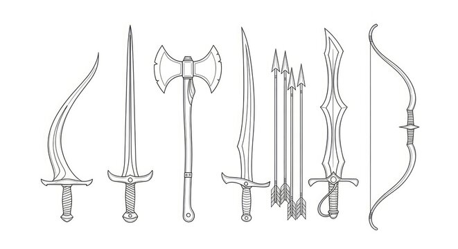 A collection of various medieval weapons is displayed. The weapons include a longsword, a short sword, an axe, a spear, a bow and arrow, and a dagger.