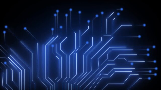 Dynamic blue circuit board lines glowing neon on black background, technological electronic connections pulsing with light, abstract data flow and digital network movement.