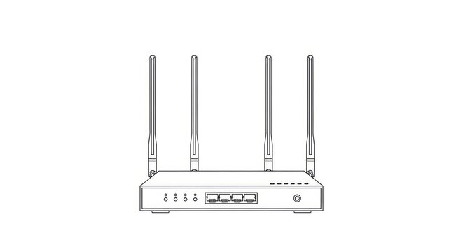 A simple line drawing depicts a wireless router. The router has four antennas extending upwards from its top.