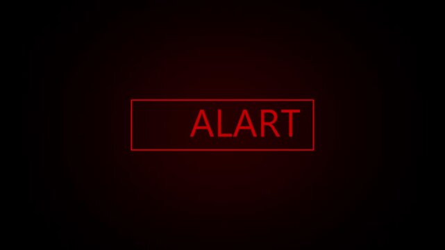 Red digital alert message box flashing on black background with warning triangle icon being typed out in futuristic computer interface style for security threat notification.