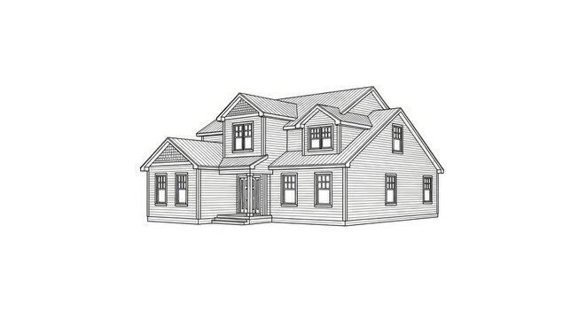 A detailed black and white line drawing depicts a two-story house with a steeply pitched roof and multiple windows. The house features a front porch and symmetrical facade.
