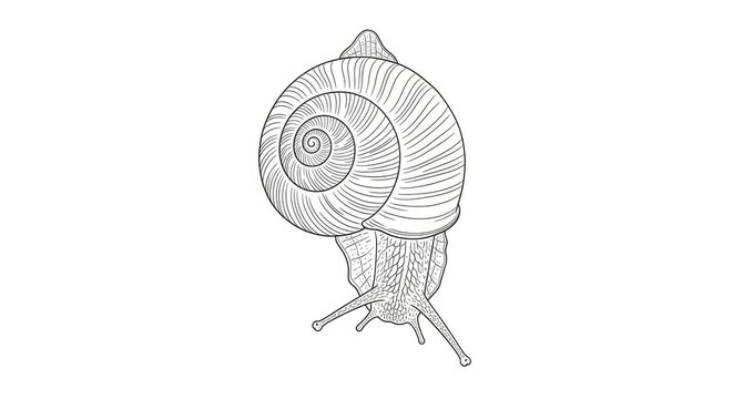 A detailed black and white line drawing depicts a snail. The snail's shell is intricately patterned with spiral lines and small dots.