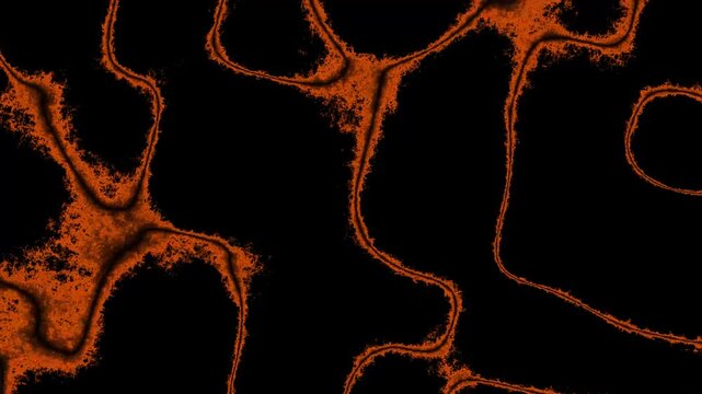 Abstract liquid orange fluid texture flowing across black background featuring organic motion patterns created by digital fluid dynamics simulation effect in slow motion render.