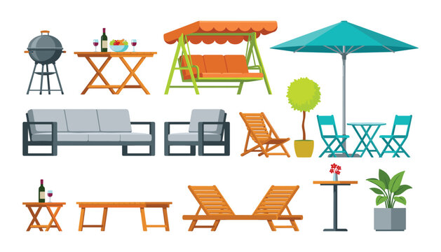 Outdoor garden furniture vector set featuring modern backyard patio elements like bbq grill swing chair umbrella sofa and lounge chairs