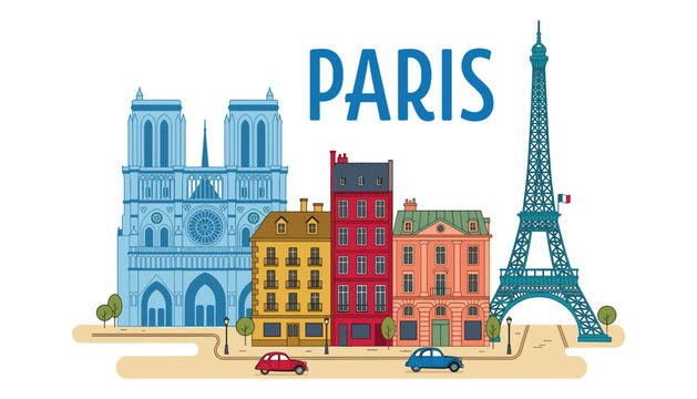 Paris travel landmark banner vector illustration featuring Eiffel Tower Notre Dame cathedral historic French colorful city street apartments and cars
