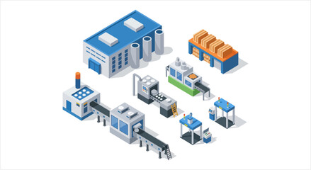 Obraz premium Isometric factory production line with machinery and buildings.