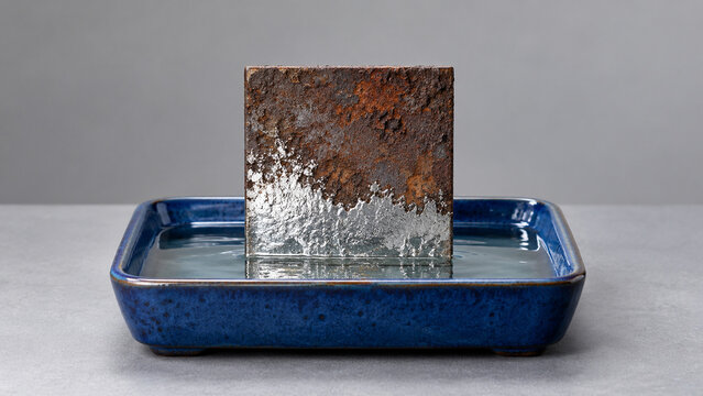 Iron plate in blue ceramic tray with silver coating, efficient industrial process concept