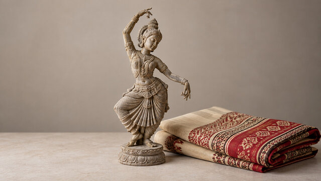 Stone dancer figurine with textile, classical art and culture concept
