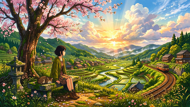 Young woman sitting under cherry blossom tree in Japanese countryside at sunset