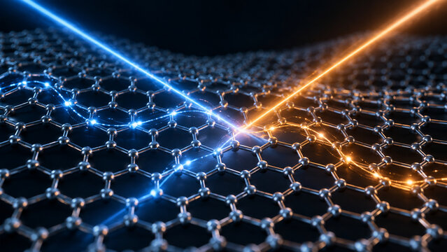 Graphene lattice with light beams and electron paths, science concept