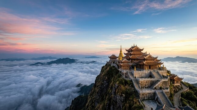 A magnificent golden temple sits perched atop a towering mountain, enveloped in a sea of clouds.