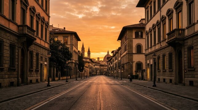 A long, empty street in Florence, Italy, stretches into the distance under a dramatic, golden sunset. Tall, historic buildings line both sides of the street, showcasing ornate facades and windows.
